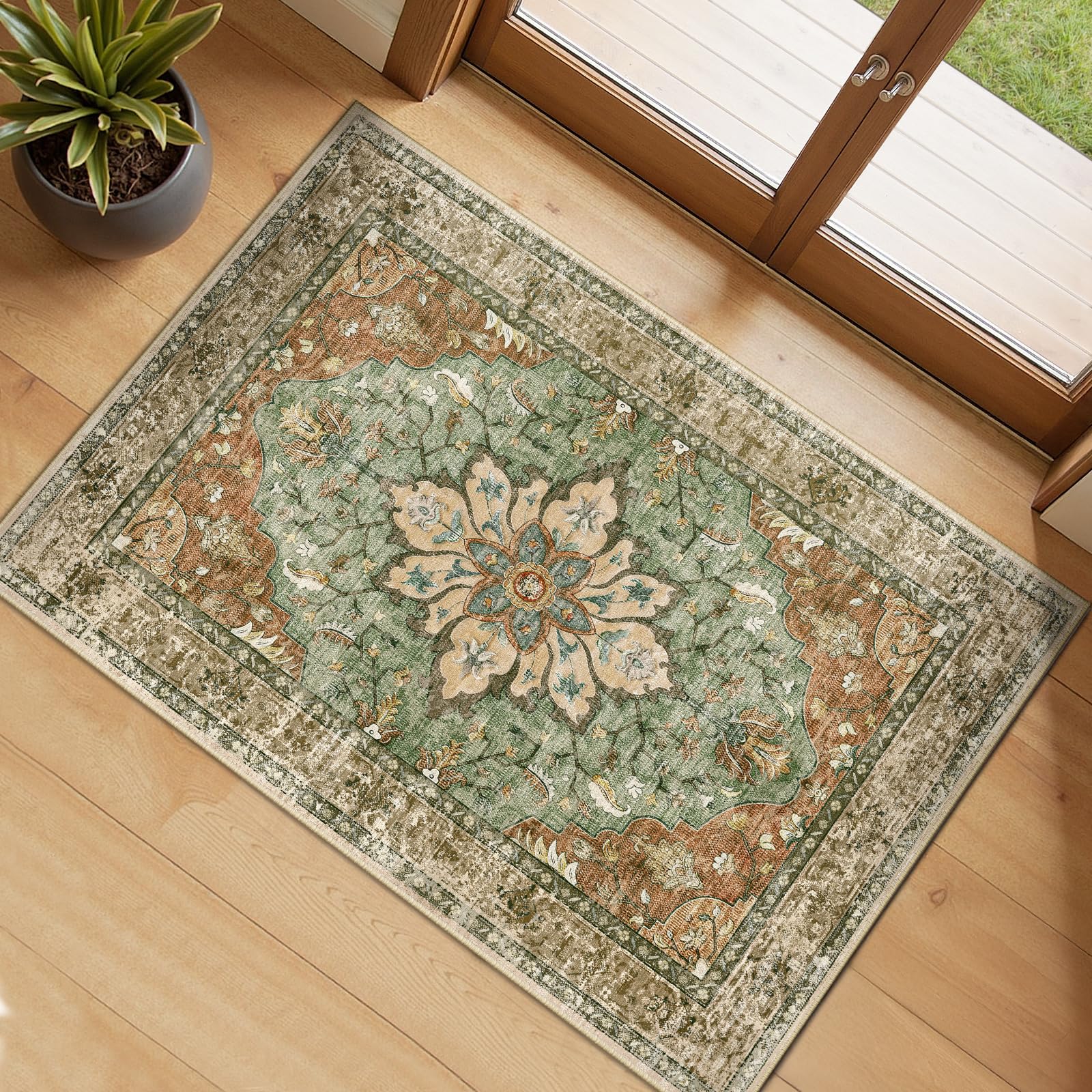 RELEANY Washable Area Rug, Small 2'x3', Brick/Brown/Green
