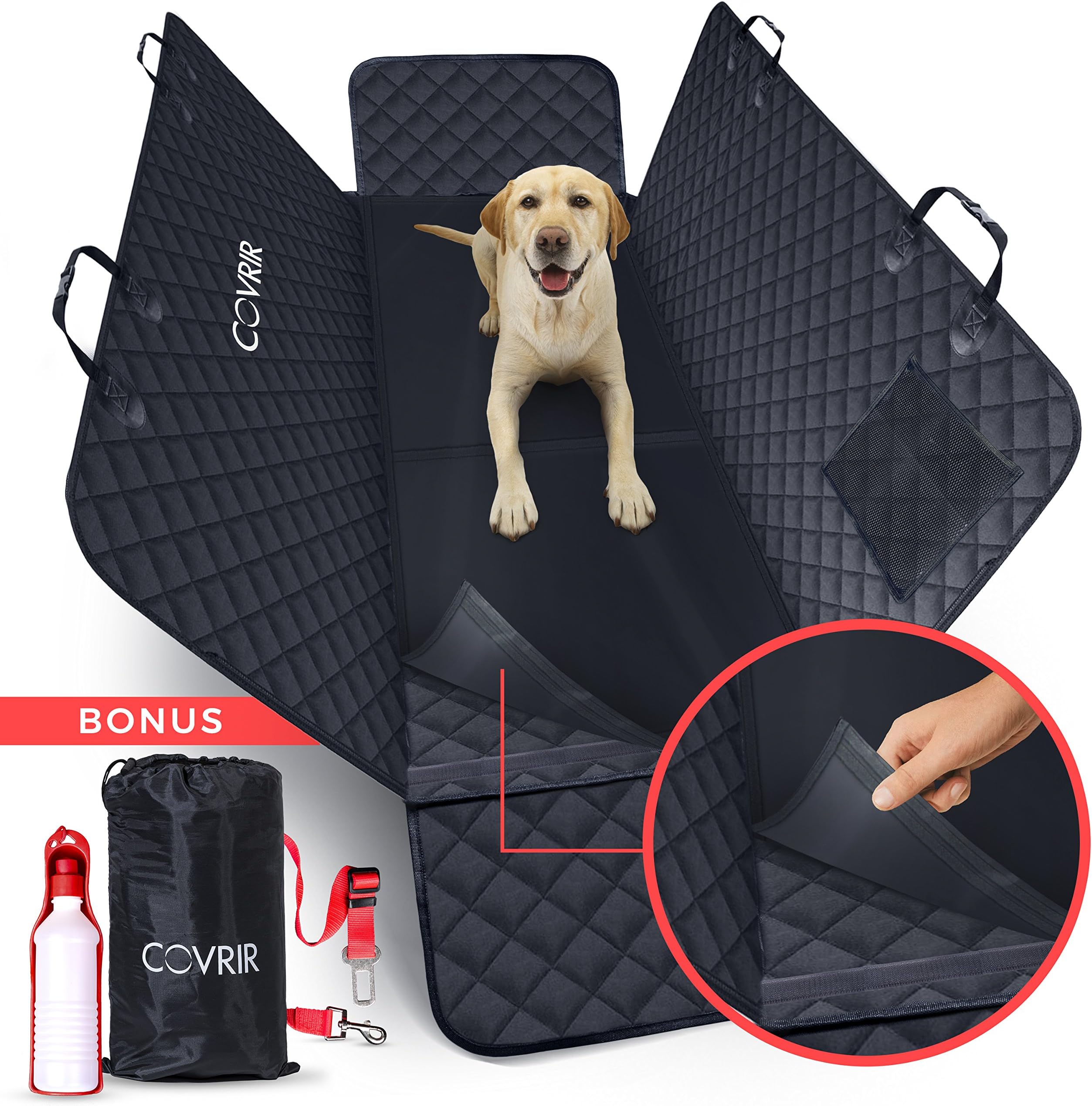 COVRIR Double-Protection(TM) Waterproof Pet Car Seat Cover. Hammock & Protective Bench Liner Mat Avoids Dog & Cat Hair/Dirt In Trucks & SUVS. BONUS Seat Belt Restraint, Water Bottle and Storage Bag.