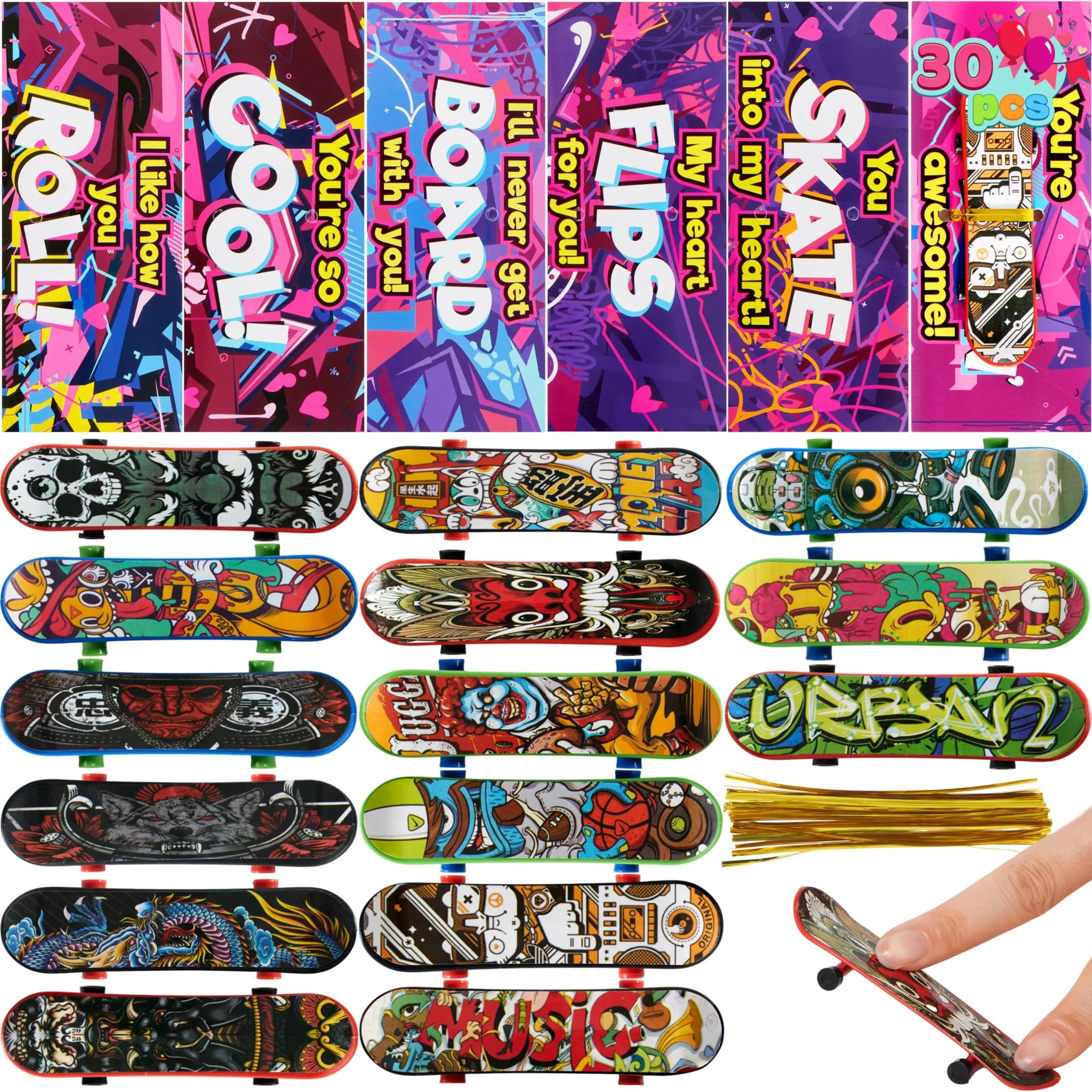 JOYIN 30 Packs Valentine's Day Mini Finger Skateboards with Cards, Classroom Exchange Gift for Kids, Kids Toys Party Favor, Classroom and Holiday Reward Prizes
