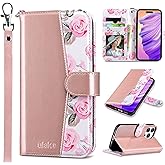 ULAK Compatible with iPhone 14 Pro Wallet Case with Card Holder, Flip Floral Flower Pattern PU Leather Kickstand Wrist Strap Phone Case for Girls Women, Shockproof Cover 6.1", Rose Gold