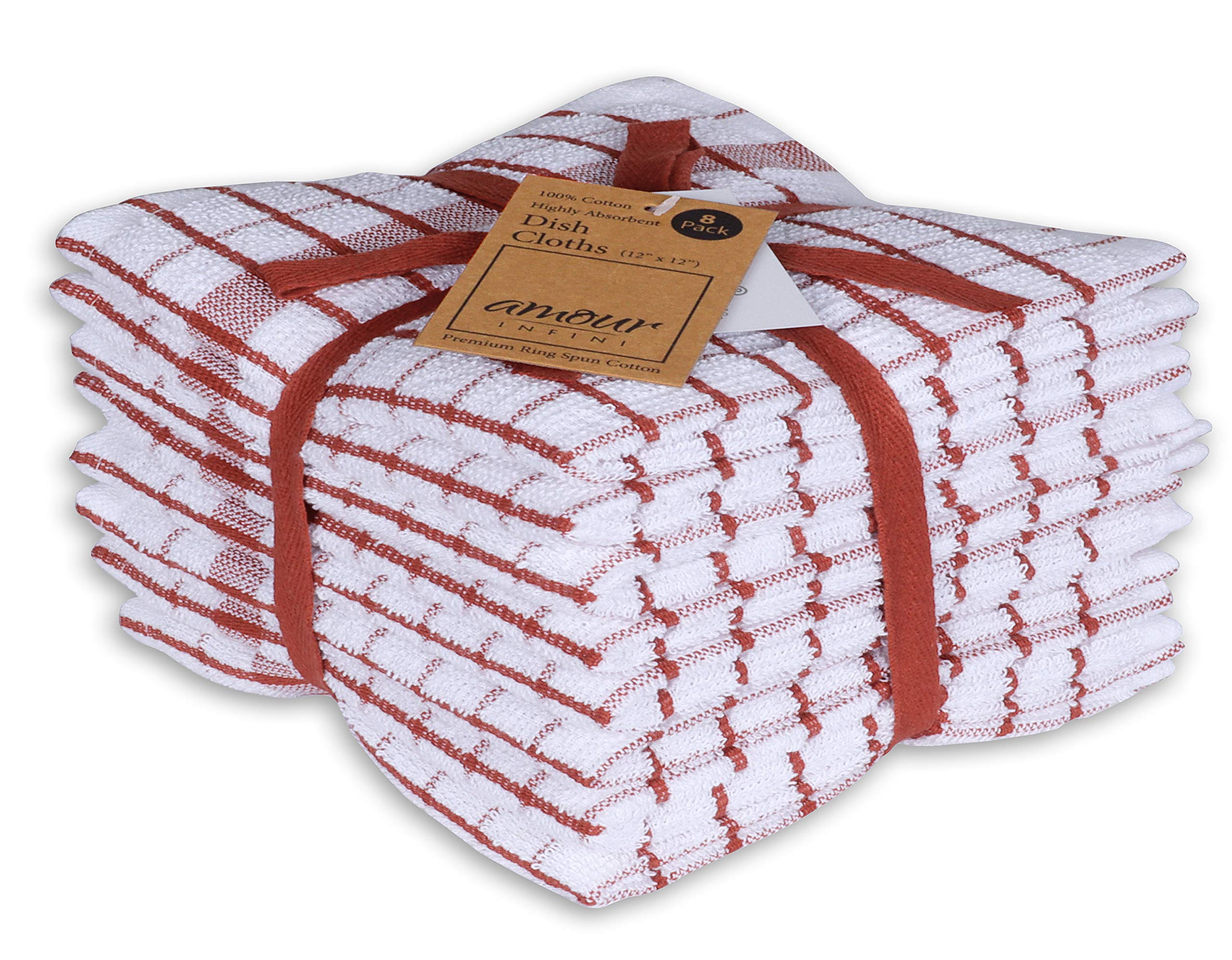 AMOUR INFINI Grid Terry Dish Cloth | Set of 8 | 30 x 30 cm | Low Lint, Super Soft and Absorbent |100% Cotton Dish Rags | Perfect for Household and Commercial Uses | Rust