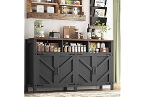 knoworld Buffet Sideboard with Storage Farmhouse with 4 Doors, 55'' Large Kitchen Storage Cabinet Wood Coffee Bar Cabinet Buffet Table with Shelves for Kitchen, Dining Room, Entryway (Black, 55 in)
