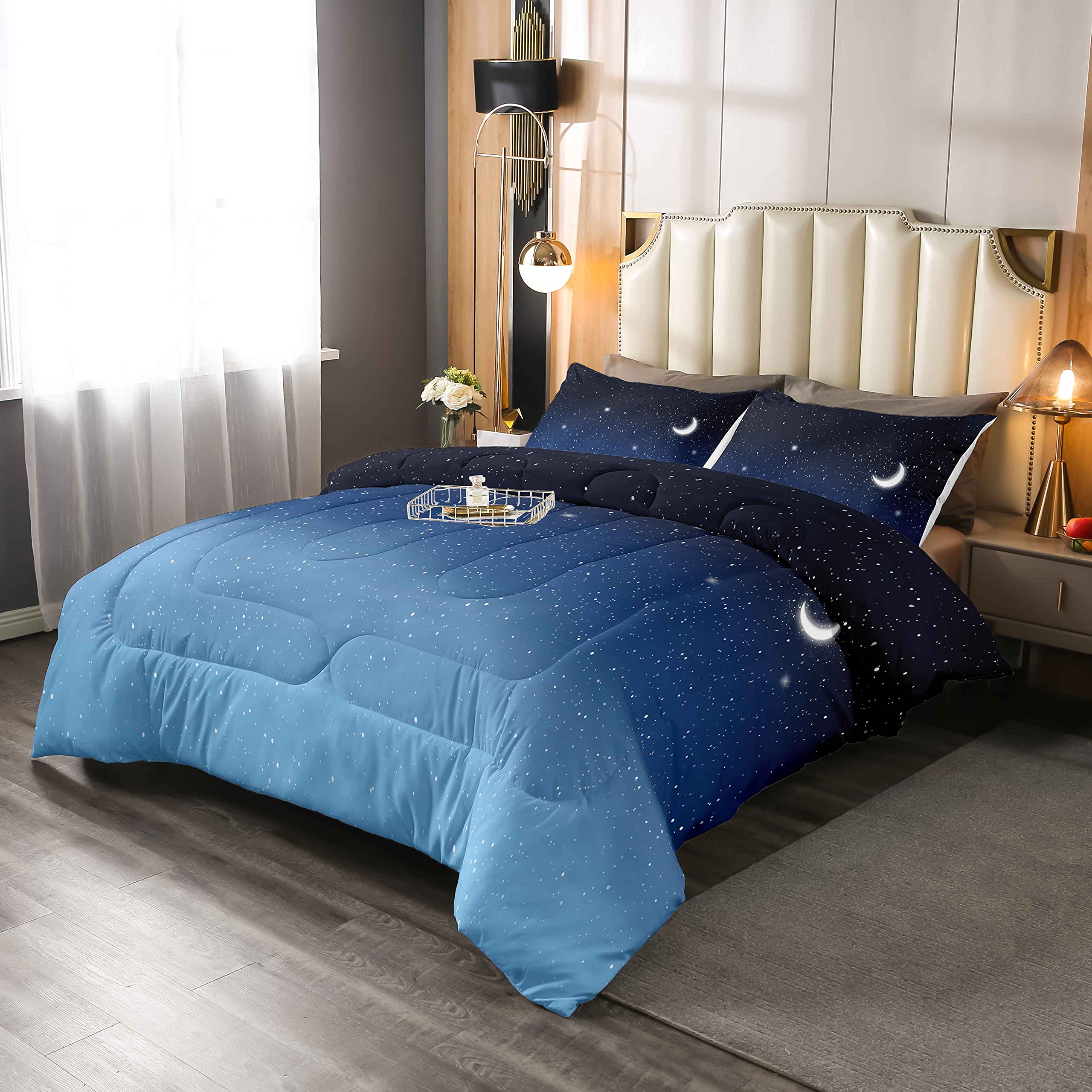 Loussiesd Blue Galaxy Duvet Single Star Moon Printed 4 Seasons Duvet Teenagers Kids Girls Boys Quilted Bed Soft Breathable Microfiber Galaxy Outer Space Theme