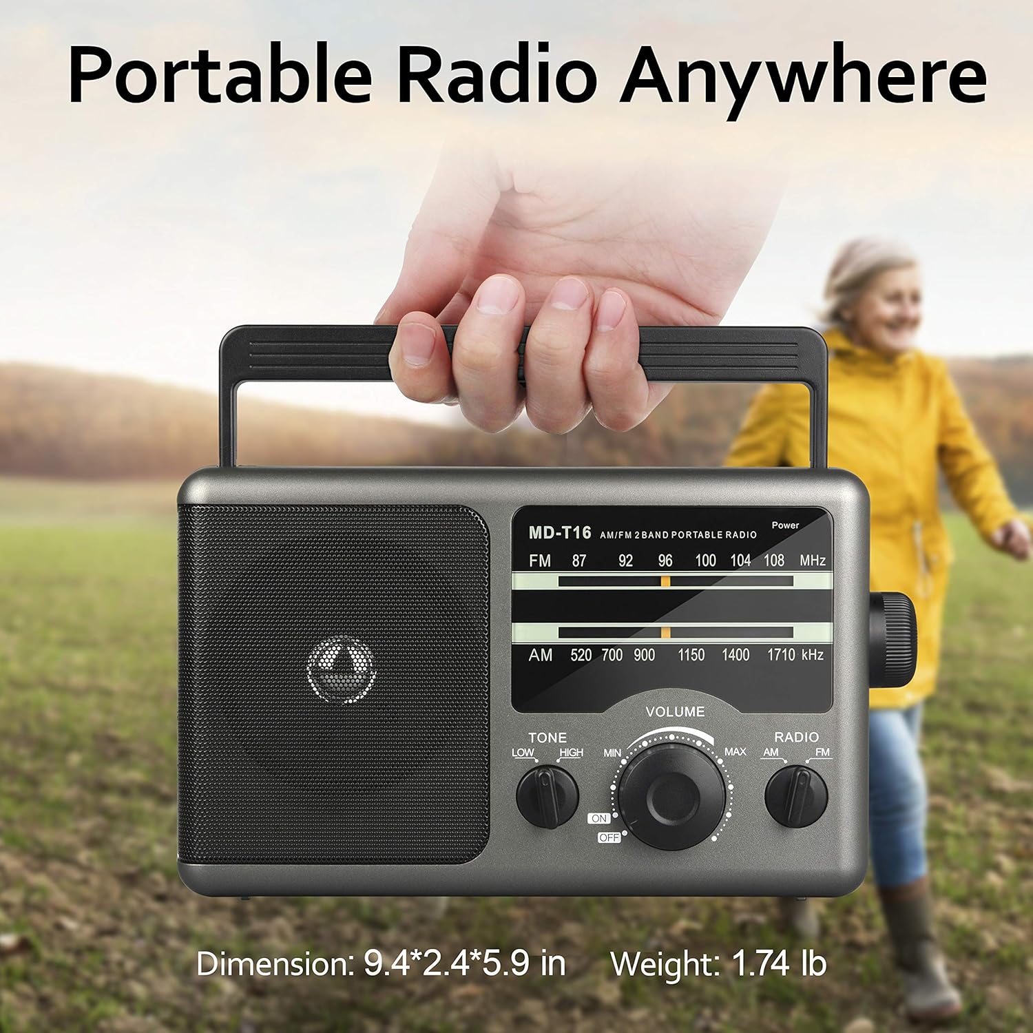 AM FM Portable Radio Battery Operated Radio by 4X D Cell Batteries Or AC Power Transistor Radio with and Big Speaker, Standard Earphone Jack, High/Low Tone Mode, Large Knob: Electronics