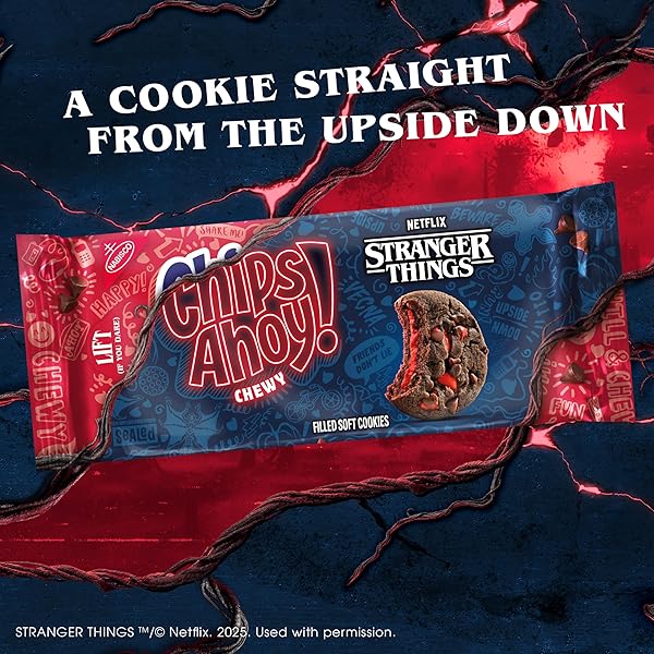 CHIPS AHOY! STRANGER THINGS CHEWY CHOCOLATEY STRAWBERRY-FLAVORED FILLED SOFT COOKIES, LIMITED EDITION, 9.9 OZ