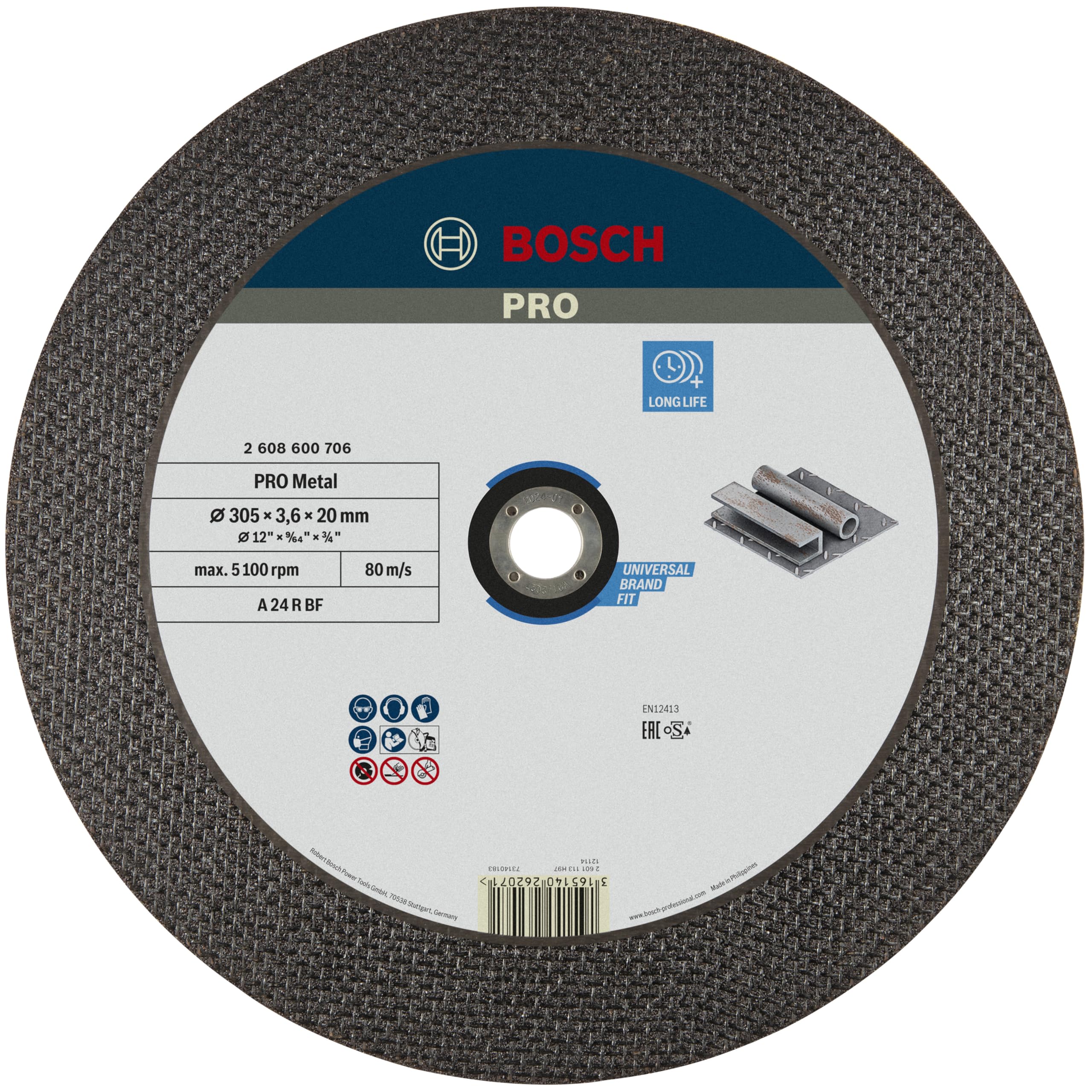 Bosch 1x PRO Metal Longlife Cutting Disc for Petrol Saw and Bore 20 mm (for Steel, Ø 305 mm, Professional Accessory Petrol Saw)