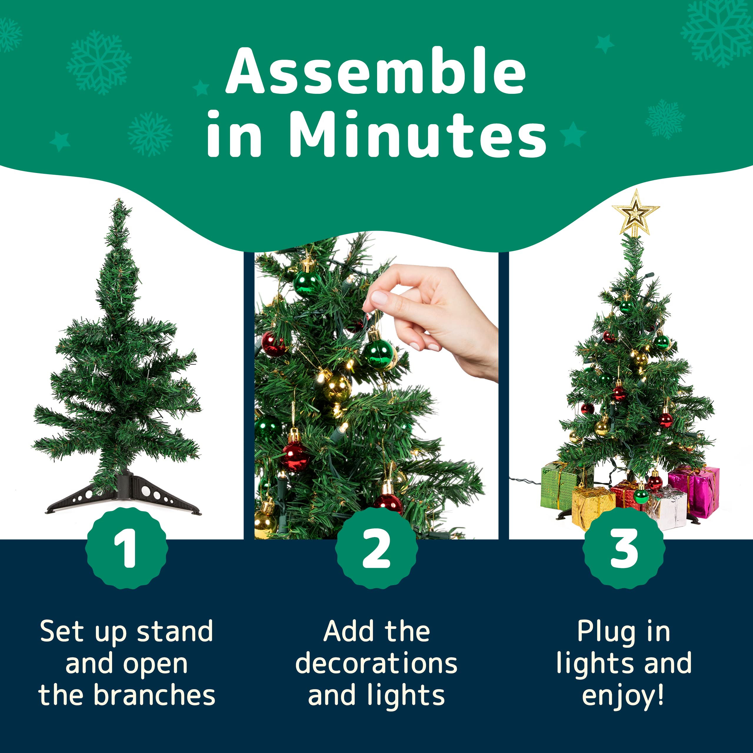 Prextex 23-Inch Mini Christmas Tree Set with LED Lights, Star Topper, Ornaments, and Gift Boxes - Small Tabletop Tree for Desk or Table - Easy Setup Holiday Decorations