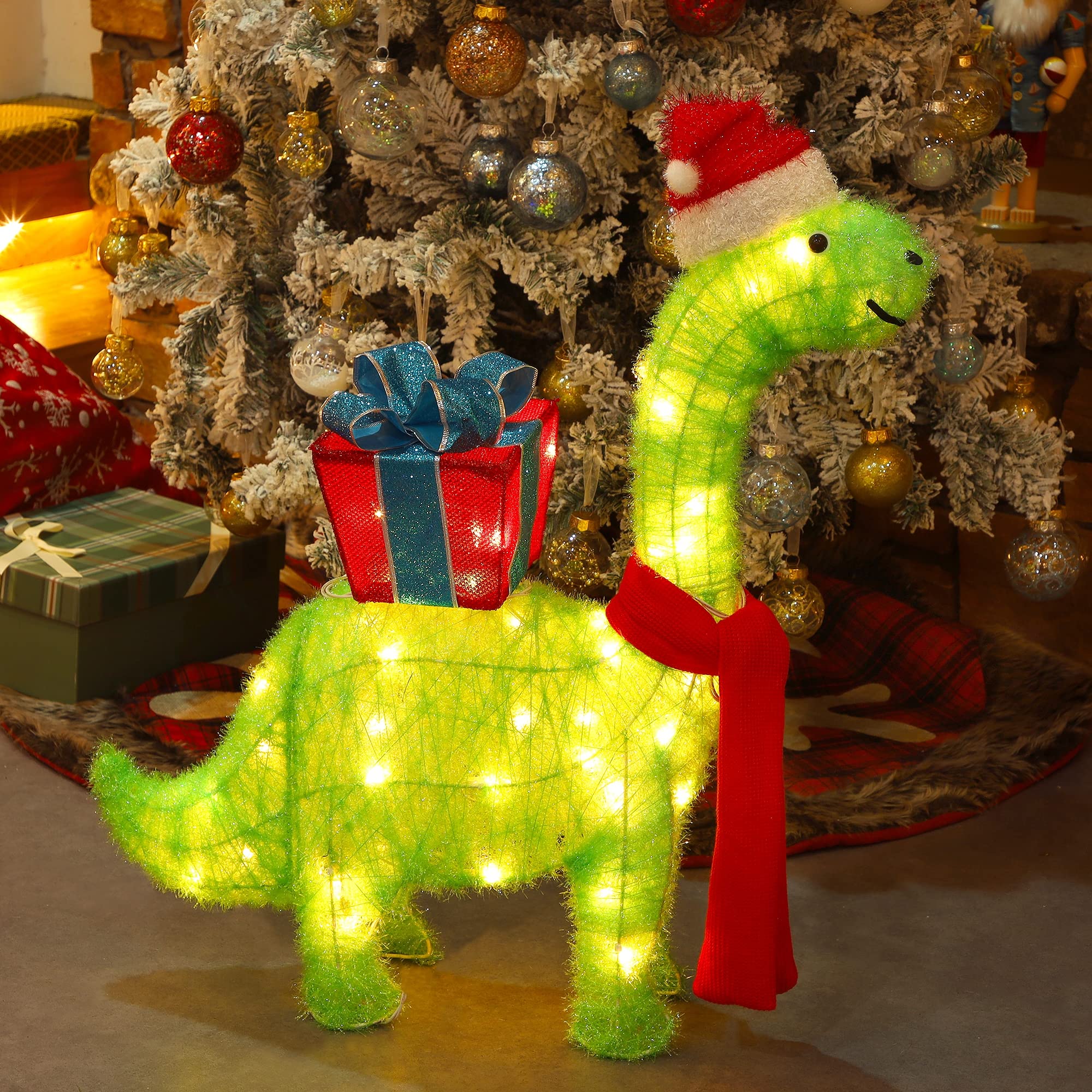 Photo 1 of ***(PARTS ONLY/ LIGHT DO NOT WORK)***WATERGLIDE Lighted Christmas Green Dinosaur with Gift Box Decorations, 27 Inch Pre-Lit Light Up 3D Brachiosaurus Xmas Outdoor Yard Decor with Lights, for Festive Xmas Holiday Garden Lawn Display