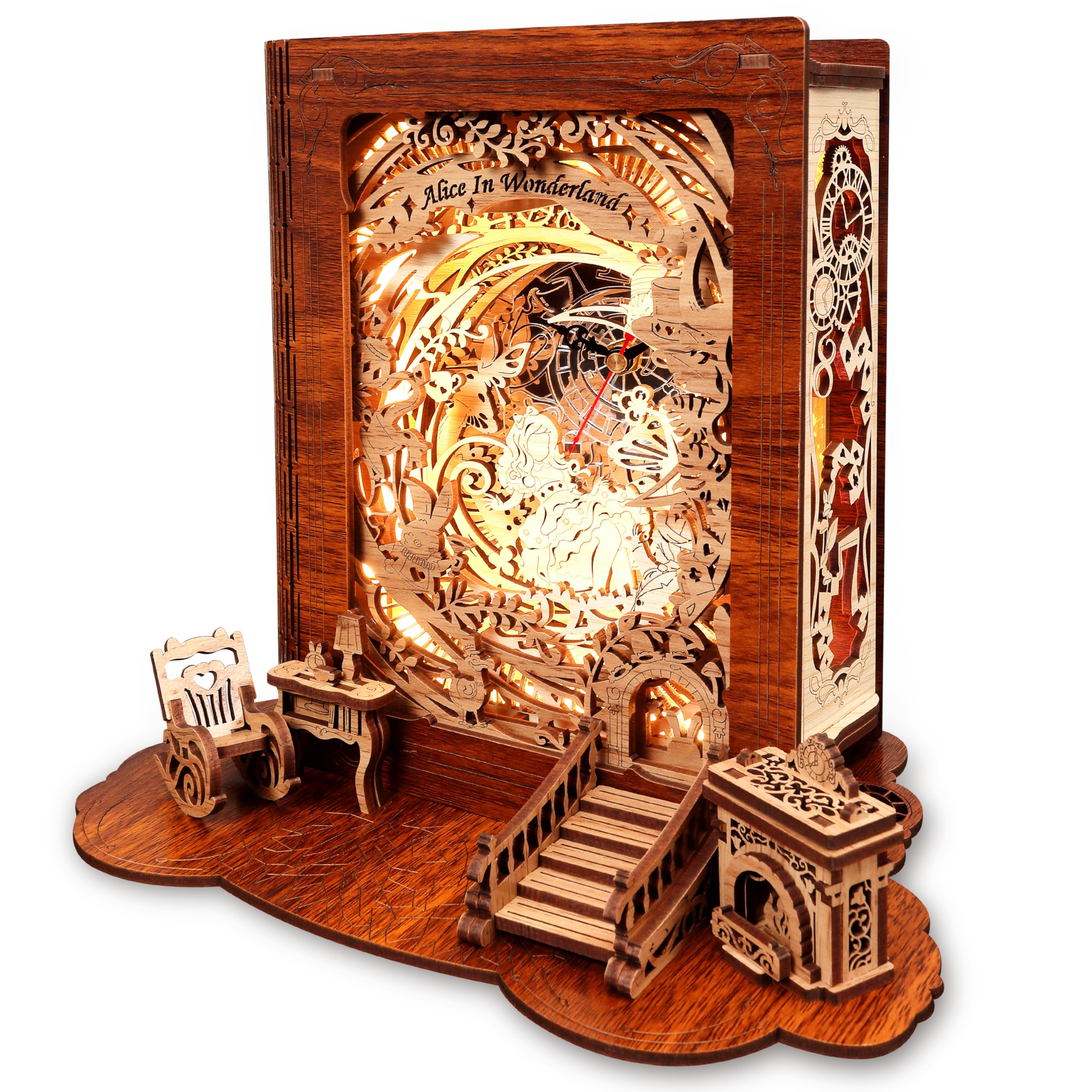FUNPOLA Alice In Wonderland LED 3D Puzzle Nightlight - DIY Book Lamp With Clock - 3D Wood Puzzles Nightlight Home Décor for Kids and Adults — image 1
