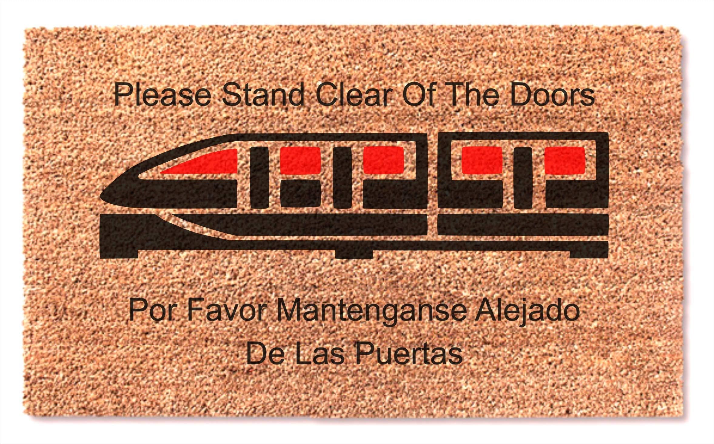 Monorail Red Train Doormat - Please Stand Clear of The Doors - Spanish Por Favor Mantenganse Alejado De Las Peurtas Fun Home Entry Front Door Heavy Duty Rubber Back Non Slip Mat