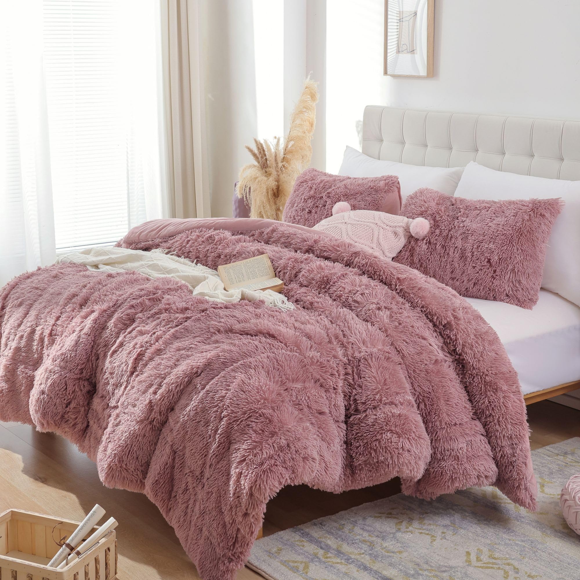 Smoofy Fluffy Twin Comforter Set, Faux Fur Comforter Set, Luxury Fuzzy Twin Bedding Set, Soft Shaggy Bed Set for All Season, 2 Pieces - 1 Comforter & 1 Pillowcase, Violet Pink Image