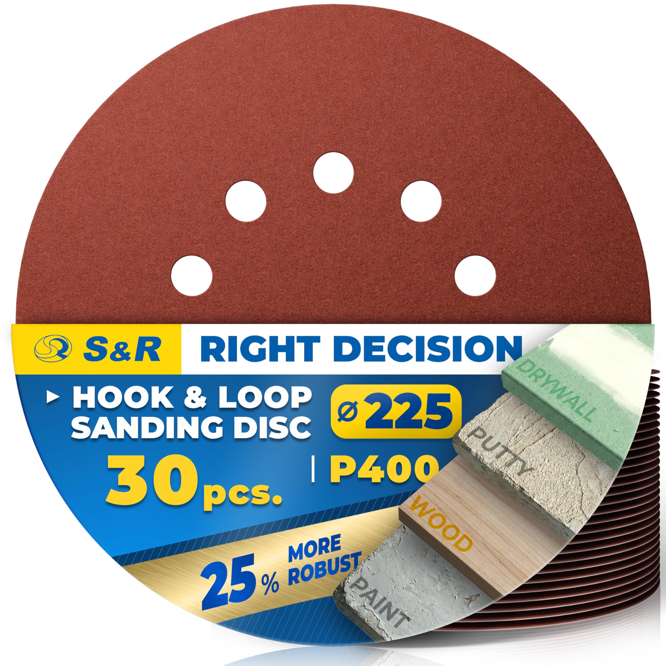 S&R Sanding Discs Set Ø225mm - 10pcs Professional Abrasive Discs for Random Orbital Sanders, Commercial Quality (P400 Grit)