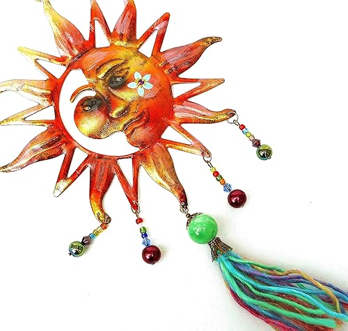 Amazon Com Hanging Colorful Rainbow Hanging Celestial Lightweight Metal Sun Wall Art Plaque Dangling Beads Boho Decor Bohemian Decorations Handmade