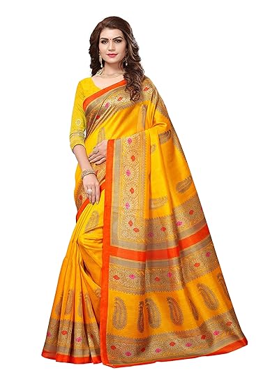Cotton Saree with Blouse Piece (Mahaqueen yellow_Yellow_Free Size)