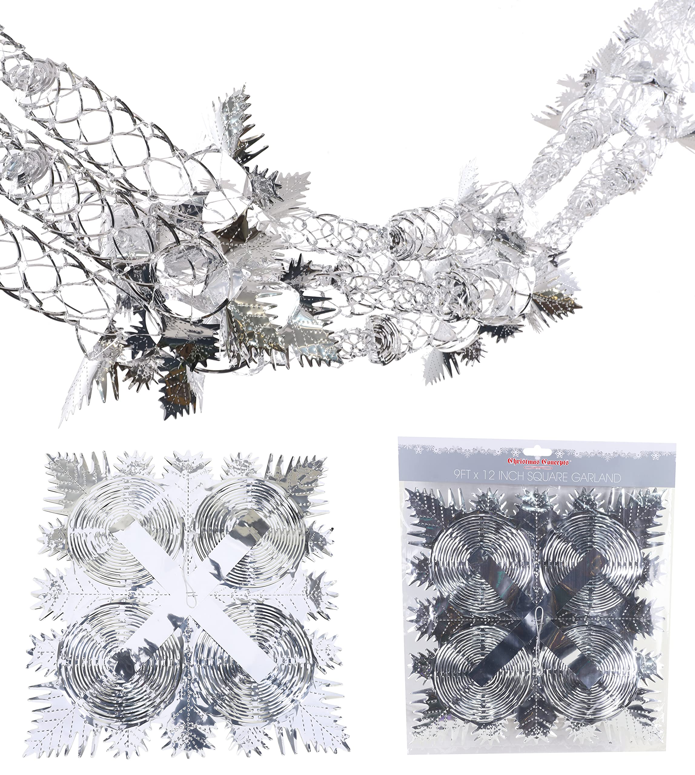 Christmas Concepts® 9ft x 1ft Large Square Foil Garland Festive Hanging Decoration – Christmas Trimming (Silver)