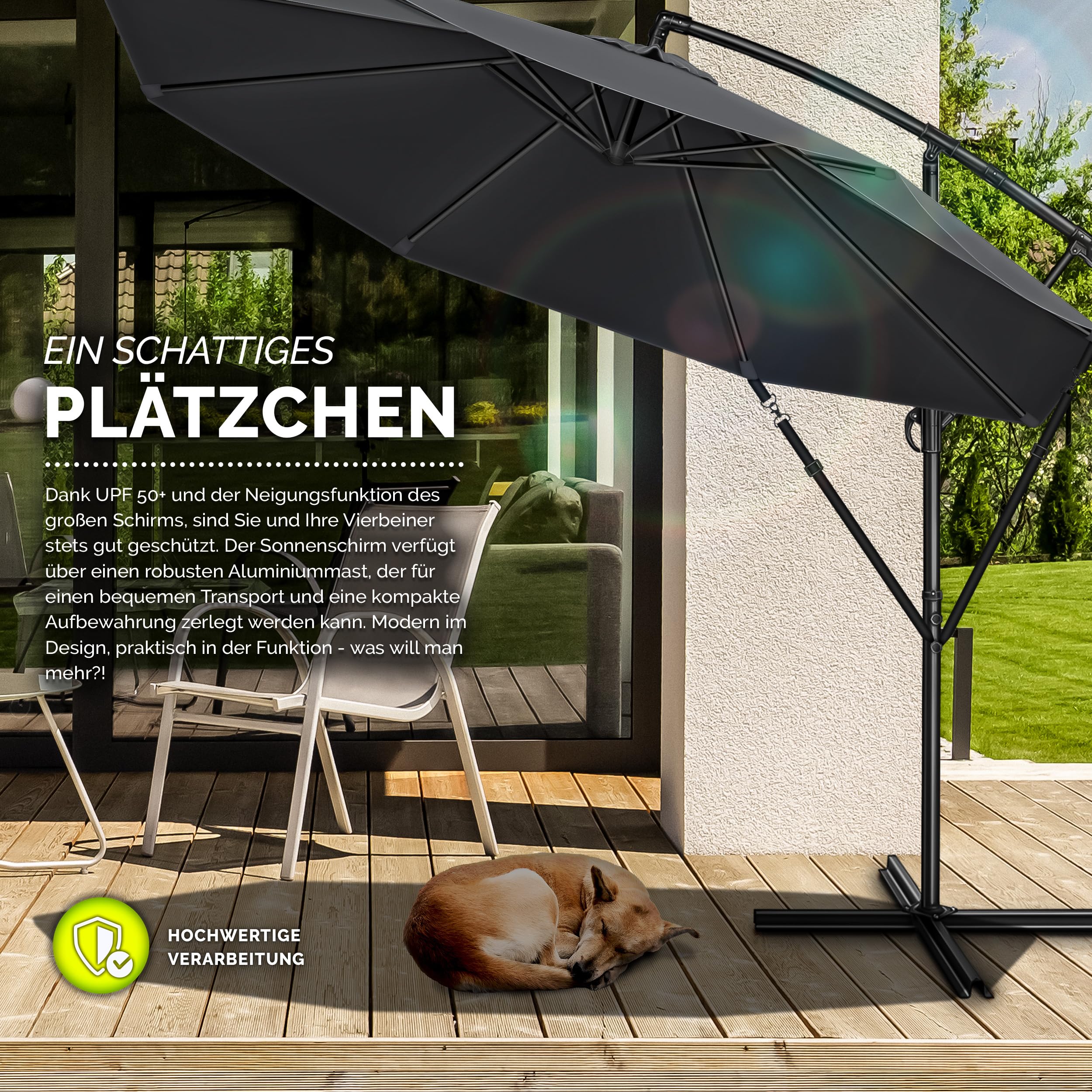 tillvex Alu Sonnenschirm + Abdeckung Ø 300 cm mit Kurbel | Ampelschirm mit Ständer & Windschutz | Gartenschirm UV-Schutz Aluminium | Kurbelschirm Marktschirm wasserdicht 360° drehbar Anthrazit 7