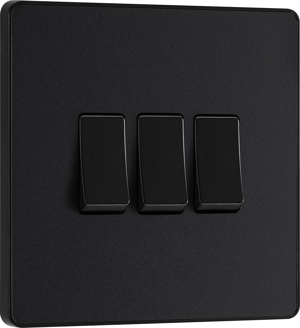 BG British General Triple Wall Light Switch 2 Way Screwless Matt Black 20A