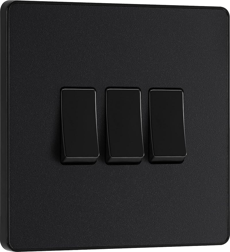 BG British General Triple Wall Light Switch 2 Way Screwless Matt Black 20A