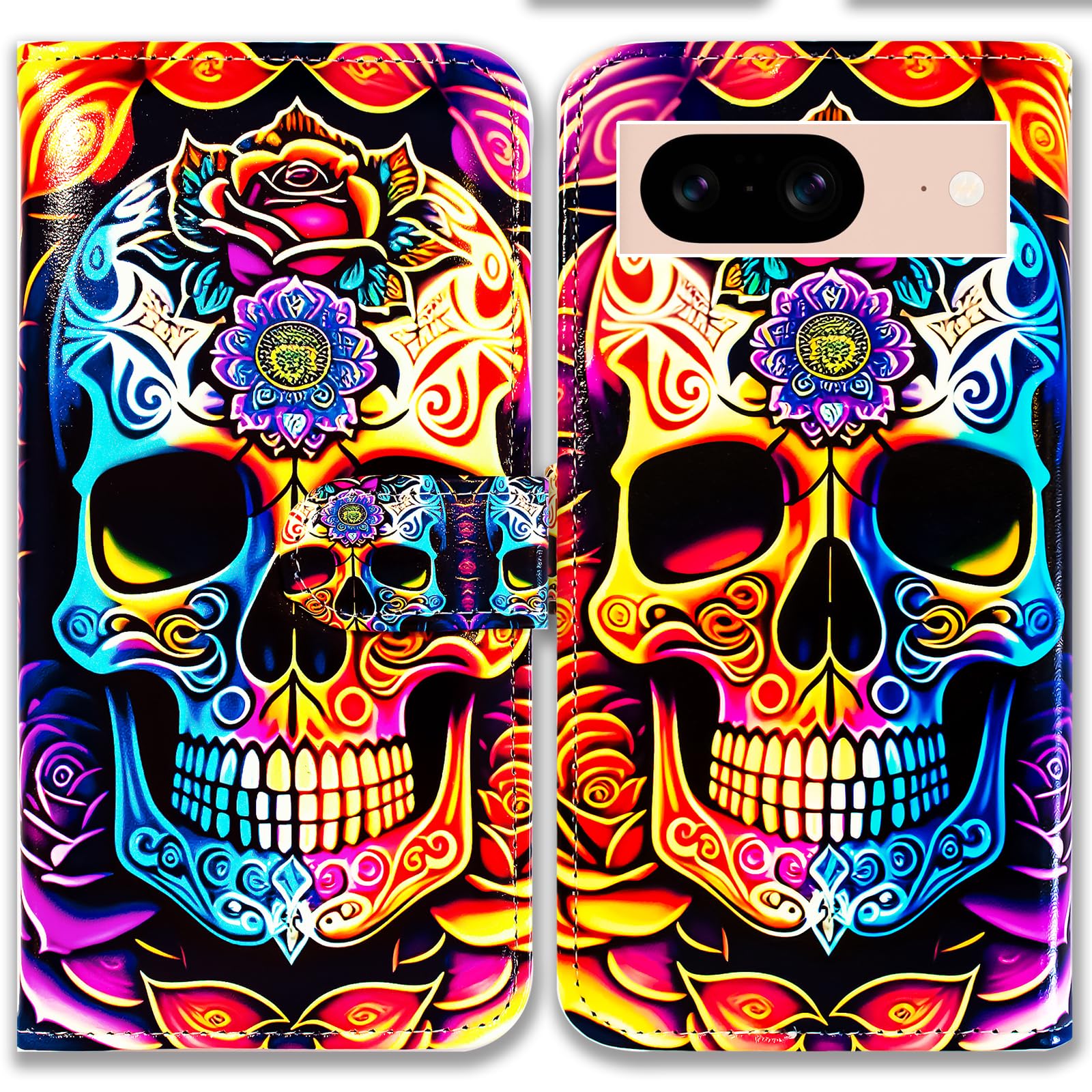Bcov Pixel 8 Case,Colorful Mandala Skull Flowers Leather Flip Phone Case Wallet Cover with Card Slot Holder Kickstand For Google Pixel 8