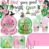 194Pcs Pink and Green Witch Party Decorations Tableware Set Include Pink Plates Green Plates Napkins and Tablecloth for Magical Themed Party Supplies