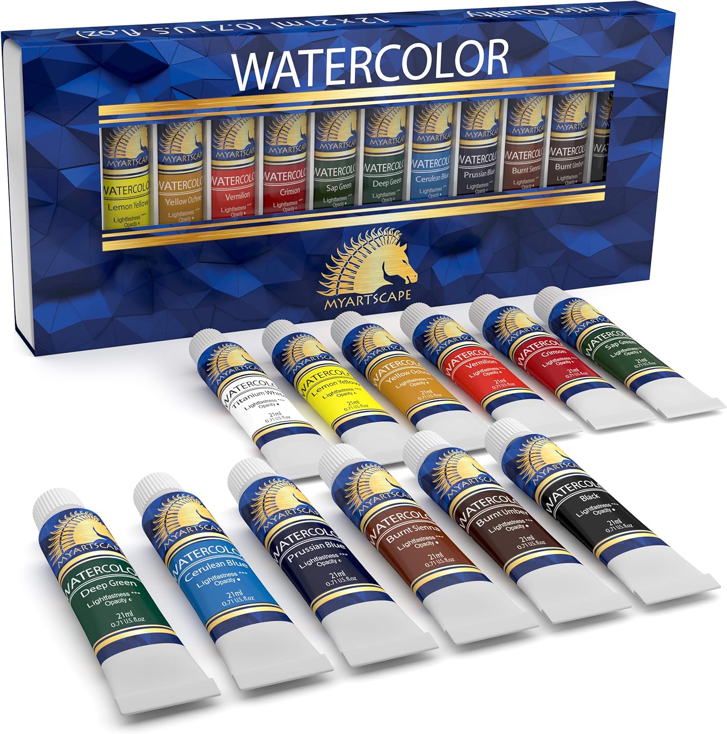 Myartscape Watercolor Paint Set, 12 x 21ml Tubes, Lightfast, Highly Pigmented, Vibrant Colors, Fade Proof