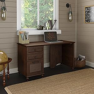 Bush Furniture kathy ireland Home Volcano Dusk Desk with 3 Drawer Pedestal, Storage, Coastal Cherry