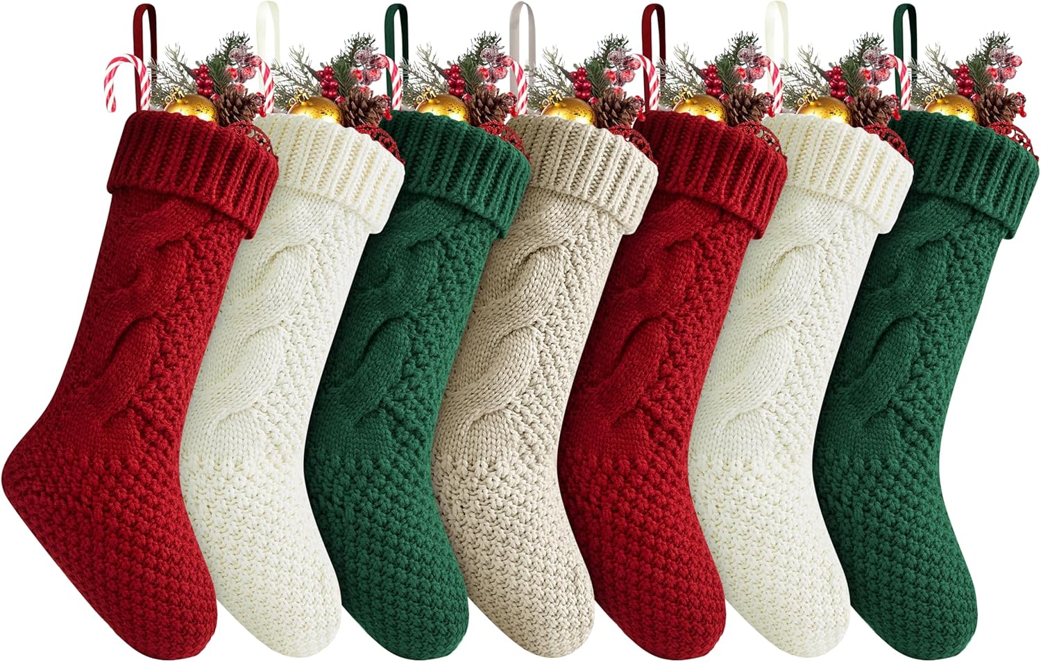 Stockings & Holders - Fesciory Christmas Stockings 7 Pack, 18 Inches Large Size Twist Knitted Stockings Gifts for Xmas Family Holiday Party Decorations, Burgundy&Ivory White&Green&Khaki