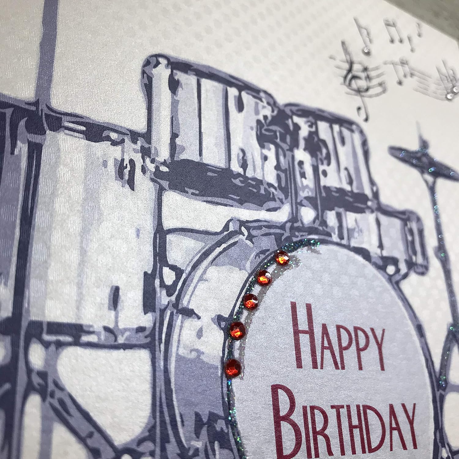 White Cotton Cards"Drums Happy Birthday" Handmade Birthday Card, SB53,grey,16cm x 16cm - Image 3