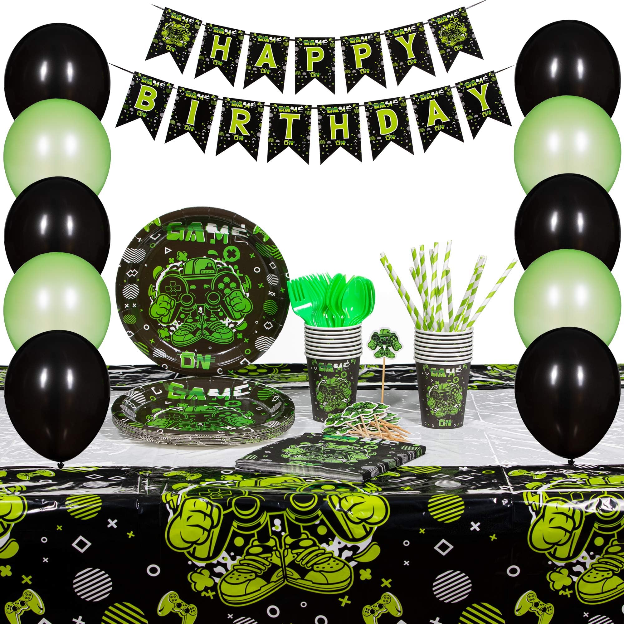 Innohero Video Game Party Supplies 124 Piece 16 Guests Includes Happy Birthday Banner Tablecloth Balloons Straws Cupcake Topper Plates Cups Napkins Forks Spoons