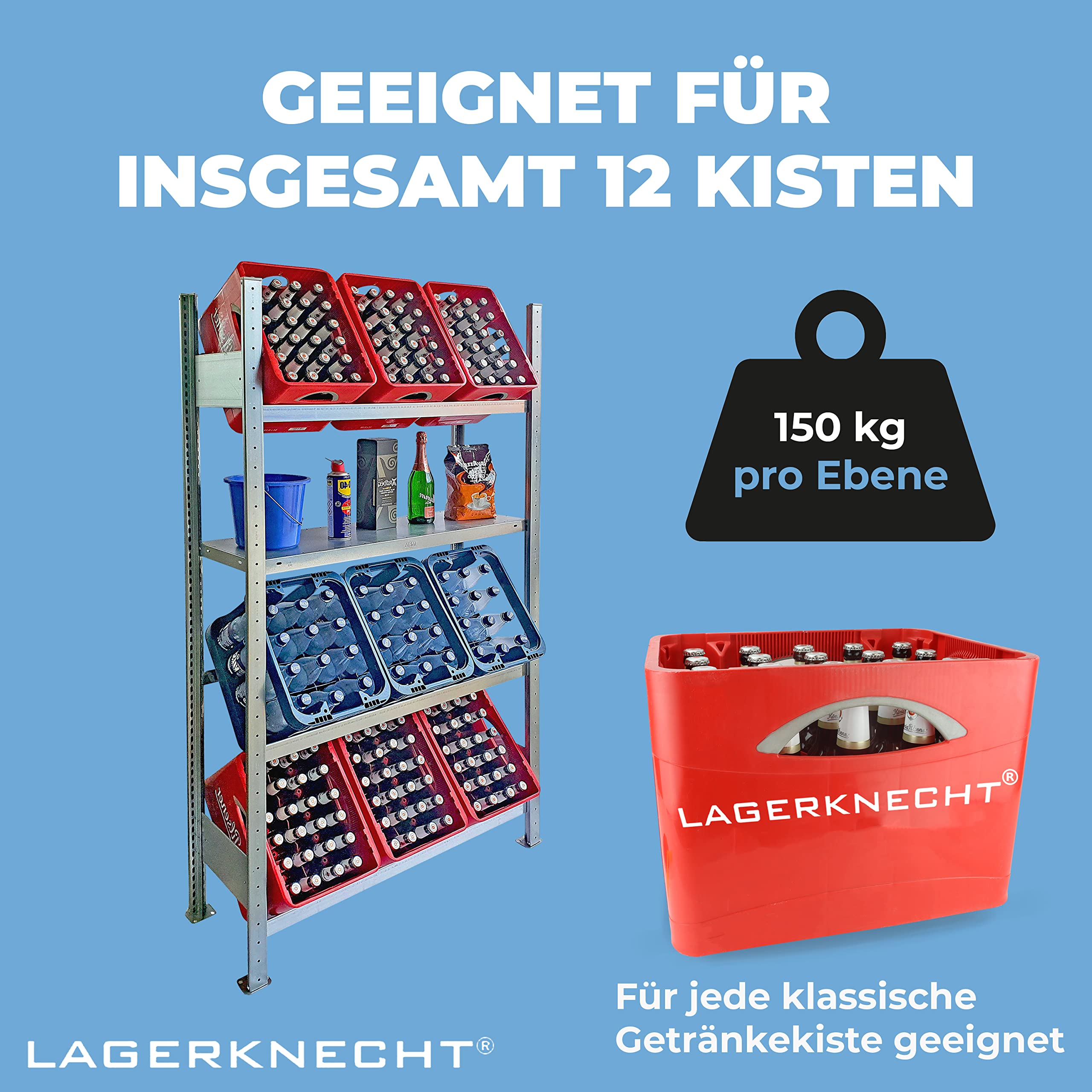Lagerknecht Getränkekistenregal 9 Kisten Made in Germany professionelle Ordnung für Kisten Regal für Getränkekisten mit Regalboden, Getränkeregal, Wasserkistenregal, Bierkistenregal 3