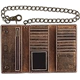 F&L CLASSIC Chain Wallets for Men buffalo premium leather RFID blocking long style Tri-fold for Trucker, bikers, vintage look,buff hunter White stitching,212