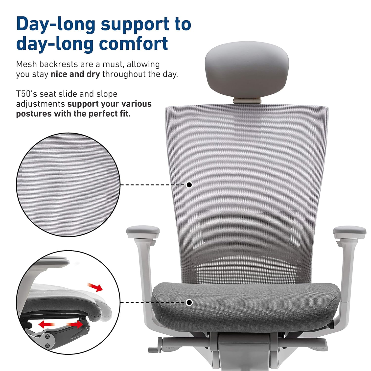SIDIZ T50 Home Office Desk Chair Ergonomic White Office Chair With Grey Fabric, Adjustable