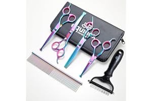 EQUINOX INTERNATIONAL Equinox Dog Grooming Scissors & Deshedder - 7 in 1 Pet Grooming Scissors Set with undercoat brush - Curved Dog Scissors with safety tips - Includes Thinning & Rounded Shears - For dogs & cats