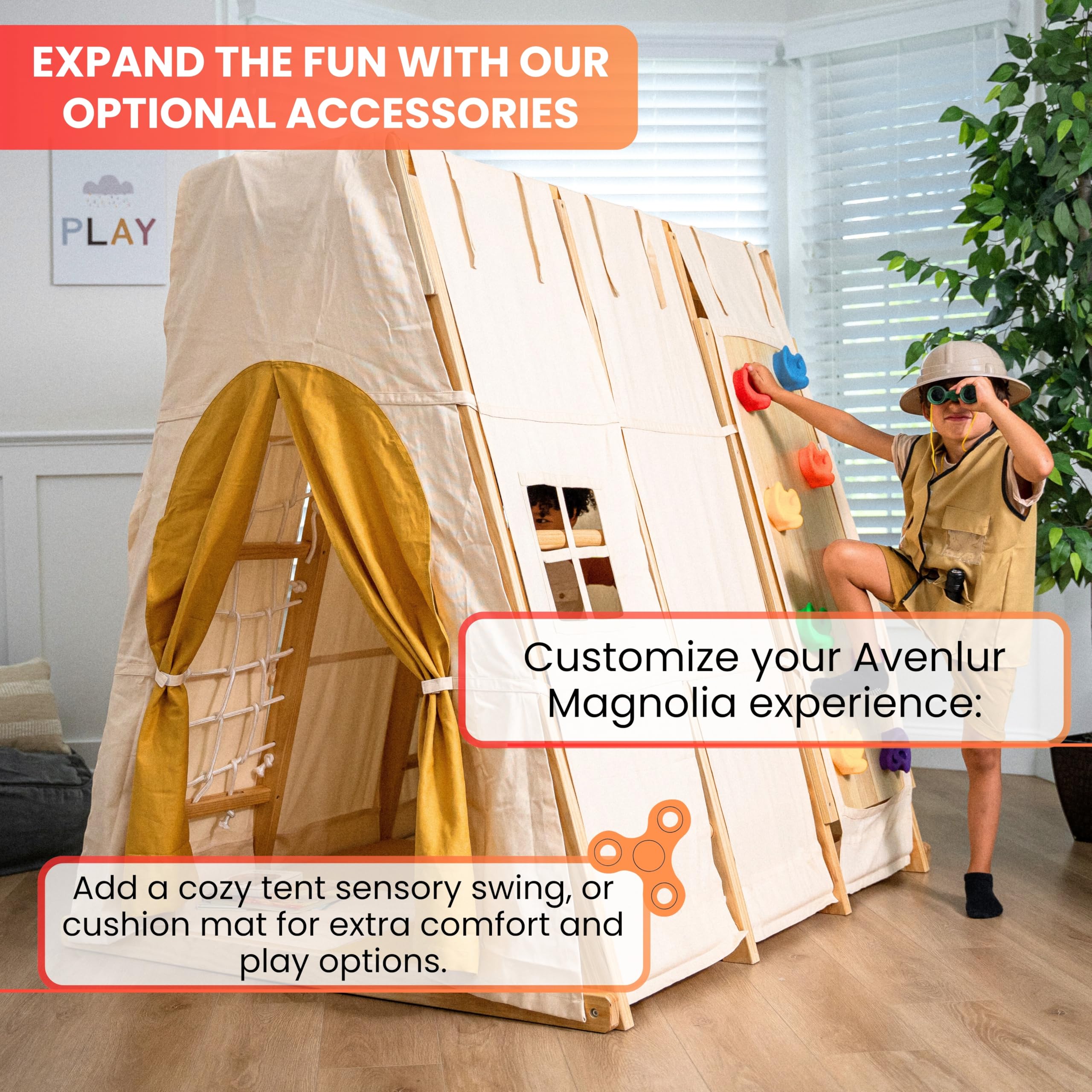 Avenlur Indoor Playground Jungle Gym – Magnolia 6-in-1 Montessori Wooden Indoor Playground for Kids & Toddlers Ages 2-6 – Waldorf Toys, Rope Ladder, Indoor Swing, Baby Slide, Rock Climbing Wall, More