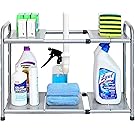 SimpleHouseware Under Sink 2 Tier Expandable Shelf Organizer Rack, Silver (expand from 15 to 25 inches)
