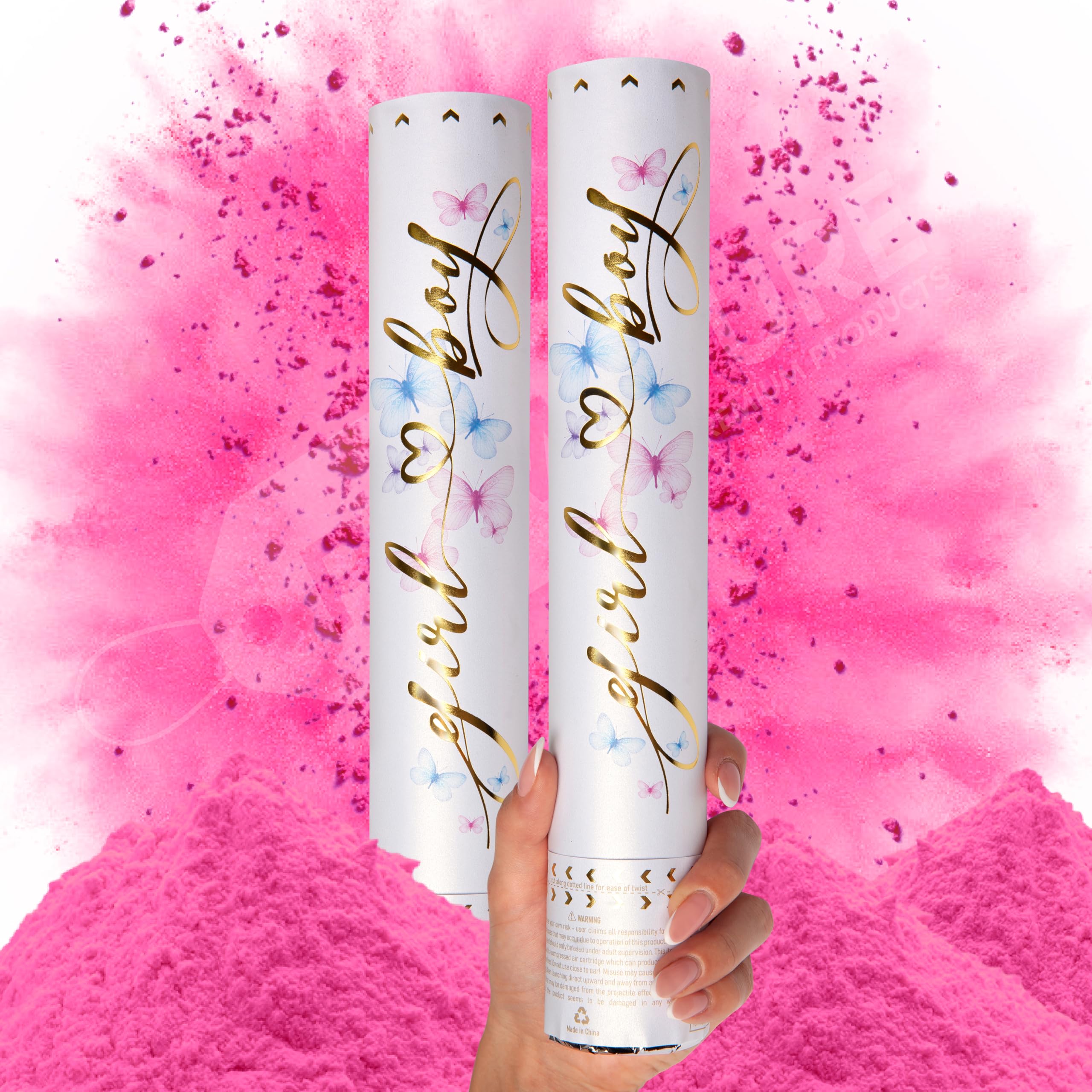 PrimePure Gender Reveal Confetti Cannon - Biodegradable Powder Cannons Smoke Bomb - Pink, 2 Pack - Party Poppers Baby Powder Pink Confetti Poppers for Baby Girl Gender Reveal Party