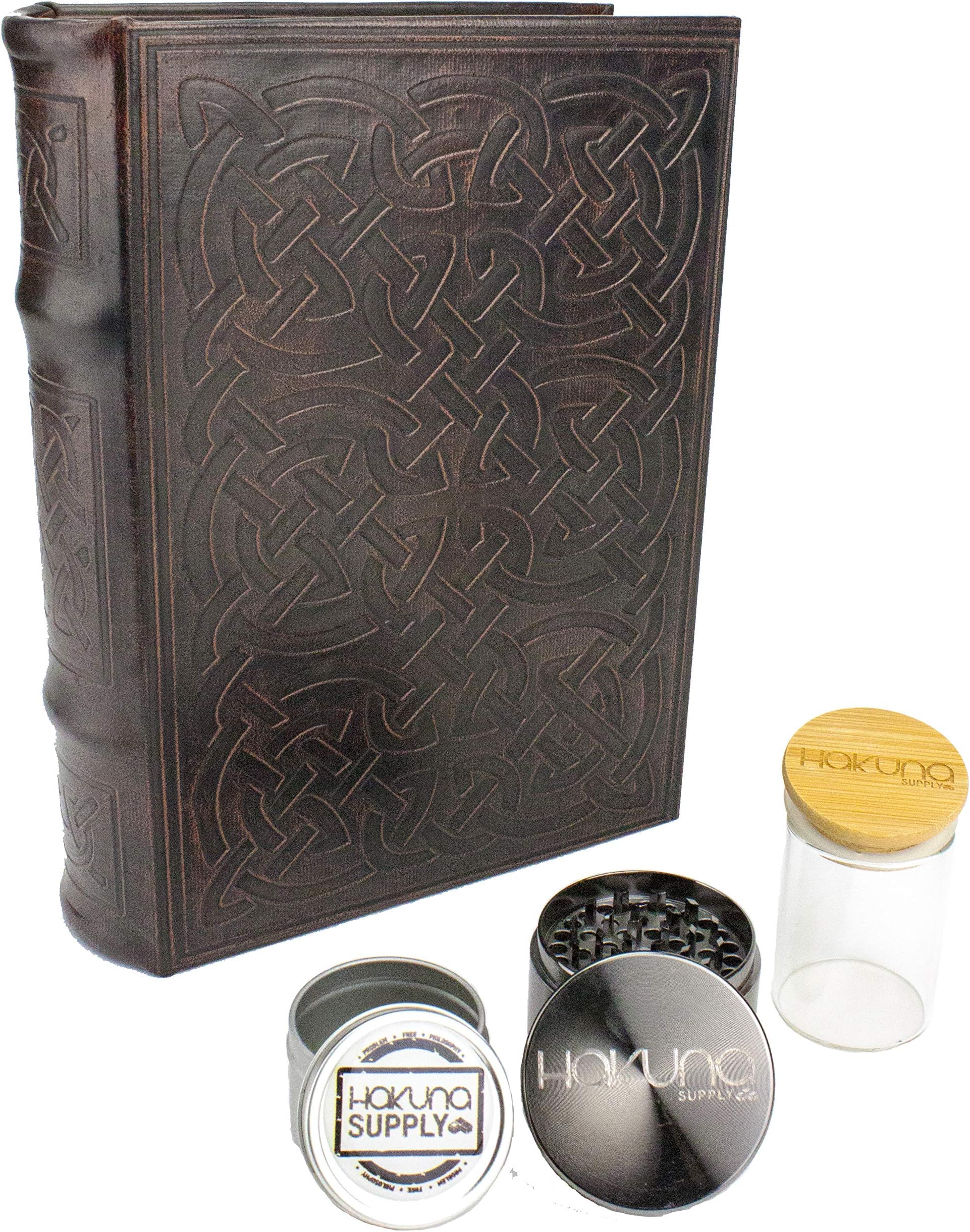 Hakuna Supply XL Celtic Knot Book Storage Box Kit - Bamboo Stash Jar, Herb Sharp Shredder, Concentrate Tin/Ash Tray Stash Box Combo