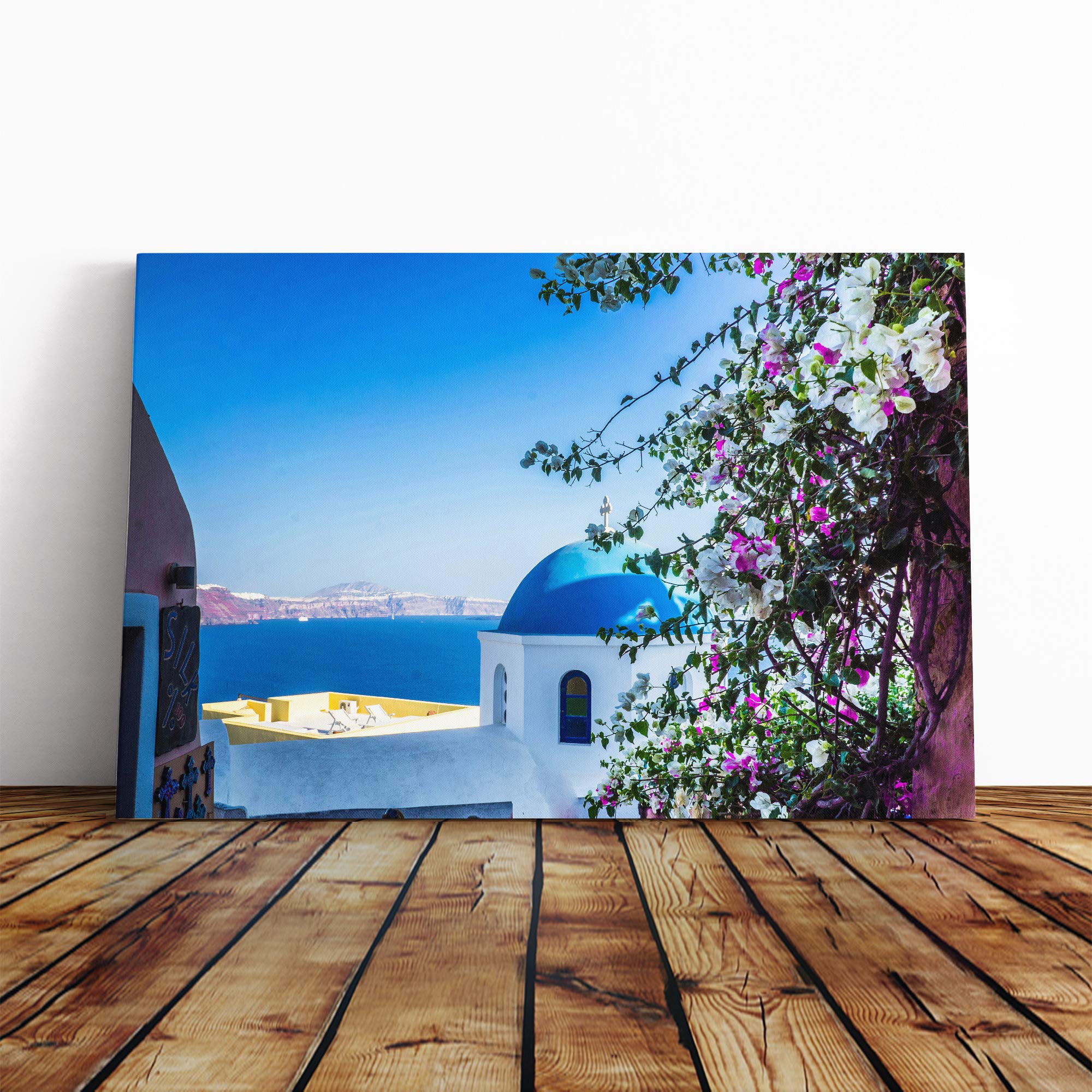 Santorini Blue Domed Church Greece Vol.2 Canvas Print | Gallery Wrapped 30mm Frame Wall Art | 20x14 inches | Ready to Hang | Modern Cityscape Picture | Living Room Bedroom Lounge Office