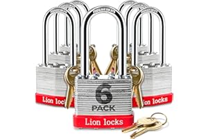 Lion Locks 6 Keyed Alike Padlocks with 2" Long Shackle, Silver, Indoor & Outdoor Use, Hardened Steel Case, Pick Resistant Bra