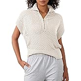Ymejia Womens Spring Cap Sleeve Crochet Sweaters Loose Fit Quarter Zip Lightweight Hollow Out Beach Vacations Clothes