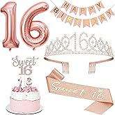 Sweet 16 Party Decorations, Including 16th Tiara and Sash, Happy Birthday Banner, Cake Toppers, Number Candles and Balloons Set, Rose Gold