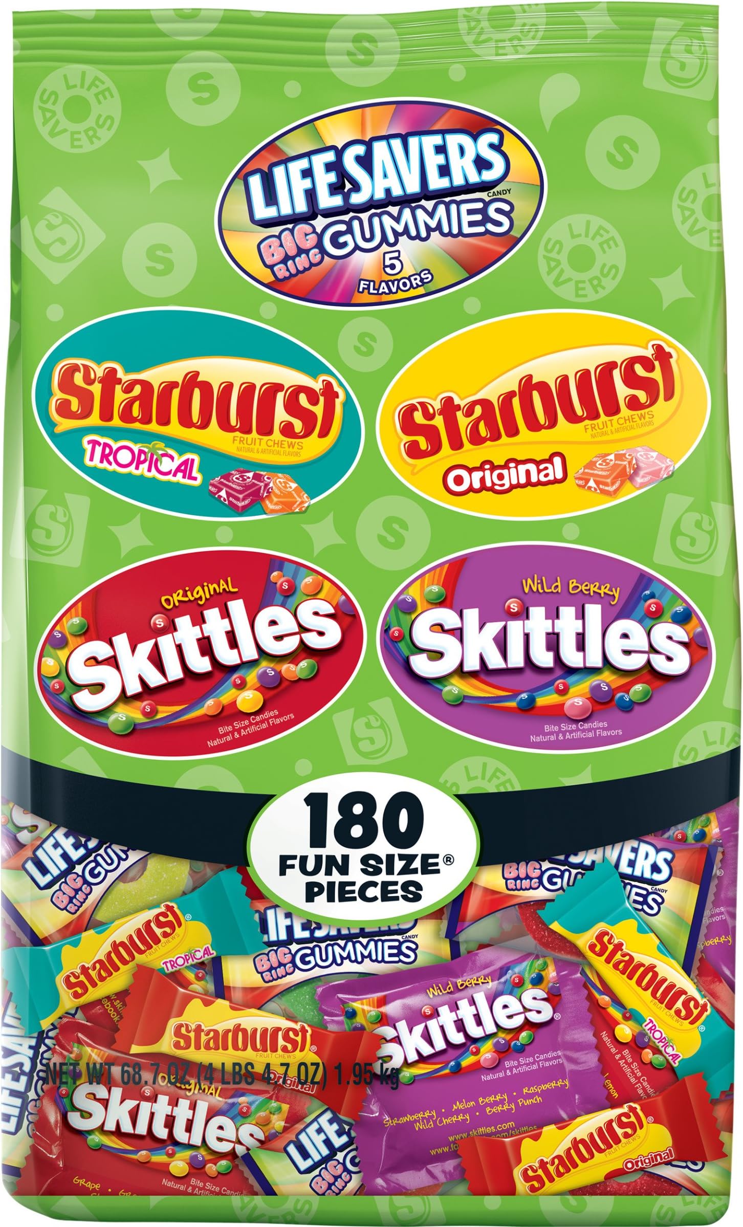SKITTLES, STARBURST, and LIFE SAVERS Gummies Halloween Candy Bag, 180 Fun Size Pieces, 68.7 ounce