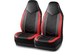 PIC AUTO Leather Car Seat Covers, Sports Carbon Fiber & Mesh Design, High-Back Two Front Set, Waterproof Automotive Seat Covers, Airbag Compatible, Universal Fit for Most Cars (Black & Red)