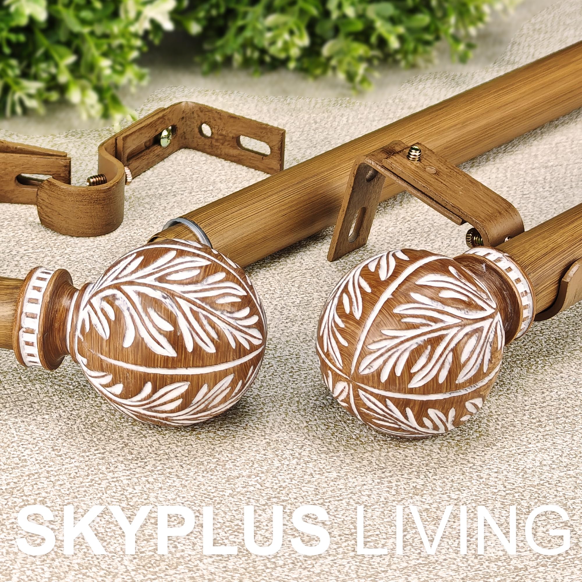 Condition photo showing New/Like New for skyplus living faux wood style curtain rod set with wood grain leaf finial, 72-144 inch, standard si