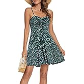 Missufe Spaghetti Strap Floral Mini Dress Women's Casual Ruched Front Drawstring Swing Sundress
