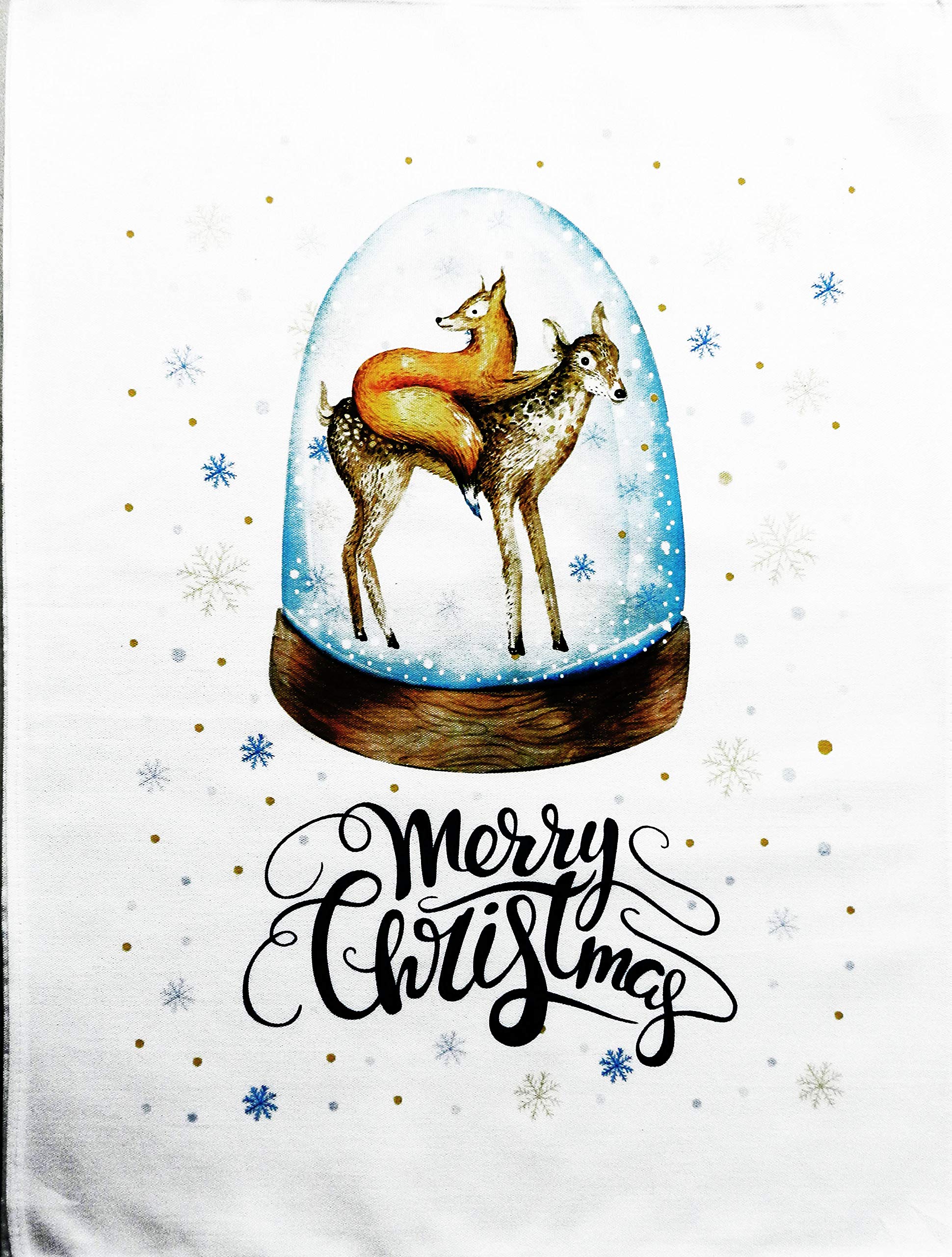 Half a Donkey Merry Christmas Fox and Reindeer in a Snow Globe Design - Large Cotton Tea Towel