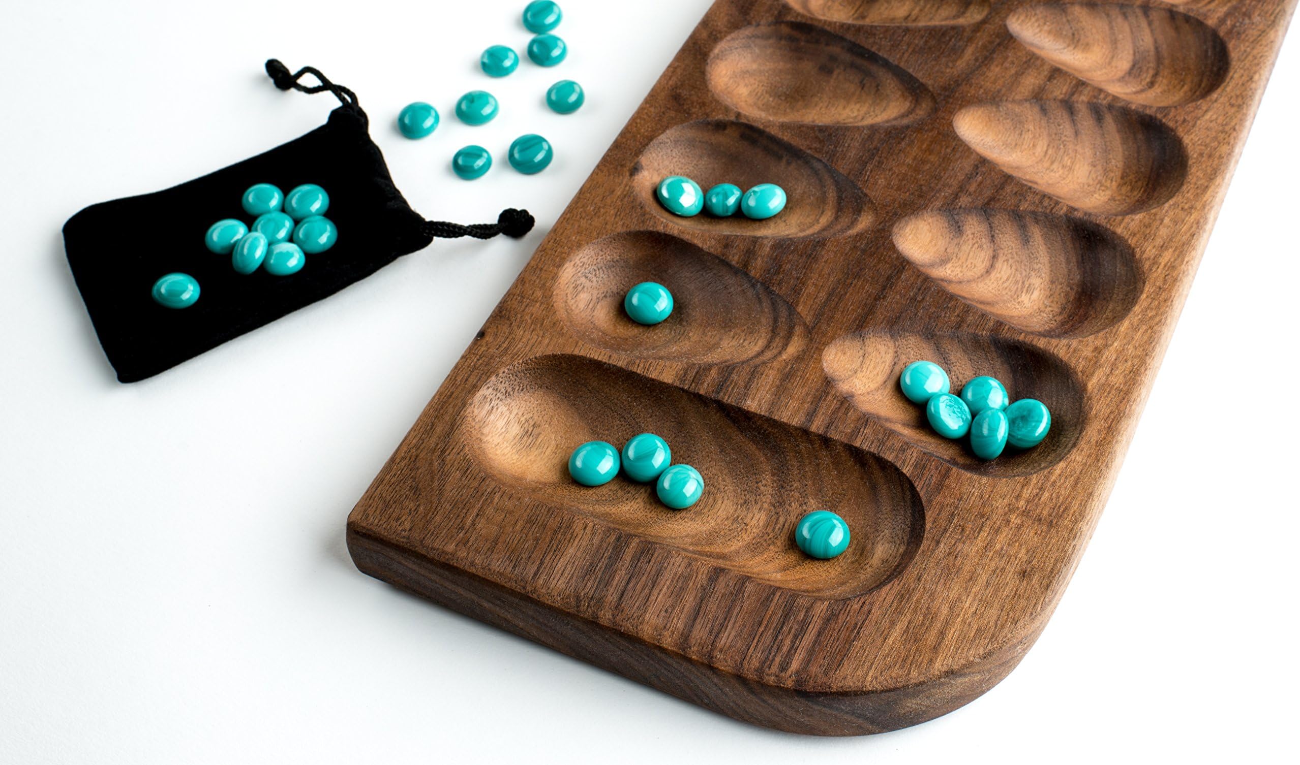 Purple Squirrel Games Mancala - Walnut with Teal Glass Gems