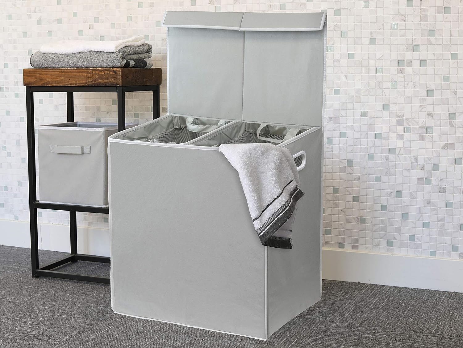 Double Laundry Hamper with Lid and Removable Laundry Bags, Grey