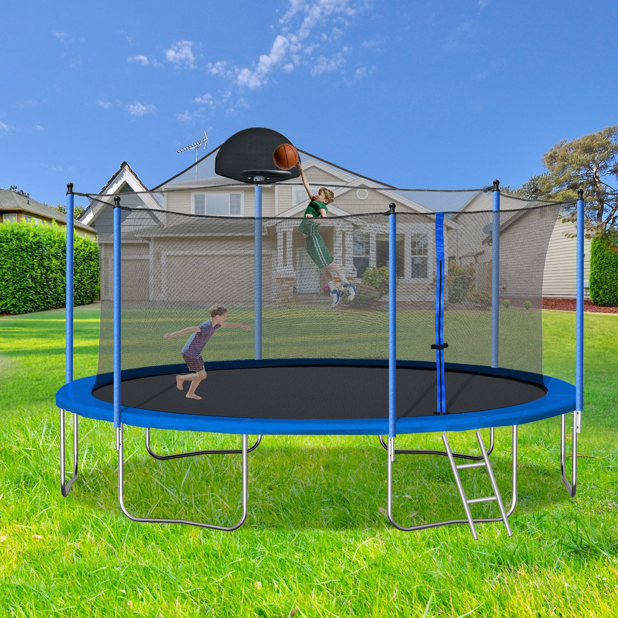 Photo 1 of Acosure 14FT Trampoline with Basketball Hoop,Outdoor Bounce Bed w/Ladder and Safety Enclosure Net for Kids & Adults,Easy to Install,Blue
