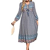 R.Vivimos Women's Long Sleeves Floral Print Retro V Neck Tassel Casual Bohemian Midi Dresses